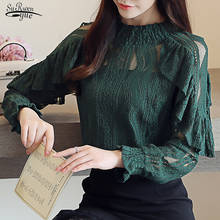 Blusa feminina com renda plissada e manga de três quartos, camisa feminina estampada floral, tops elegantes 2021 2024 - compre barato