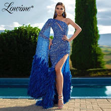 Dubai Feathers Long Evening Dresses 2021 Newest Beads Sequins One Shoulder Dresses Woman Party Night Arabic Celebrity Prom Dress 2024 - buy cheap