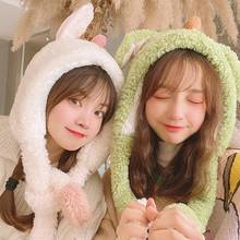 Women Winter Fluffy Plush Hoodie Scarf Hat with Moving Jumping Ears Female Funny Cartoon Dinosaur Toy Thicken Warm Earflap Cap 2024 - buy cheap