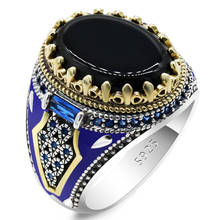 Genuine 925 Sterling Silver Men Ring with Black Agate Stone Blue Enamel Male Crown Rings Vintage Turkish Handmade Jewelry Gift 2024 - buy cheap