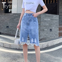 Trytree 2021 Spring Summer Casual Woman Skirt Denim Patchwork Lace Irregular Hem Button Zipper A-line Knee-Length Skirts Women 2024 - buy cheap