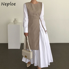 Neploe Fashion Fake 2 Pcs Temperament Dress Women High Waist Hip Pleat Patch Hit Color Vestidos O Neck Long Sleeve Slim Robe 2024 - buy cheap