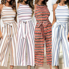 Summer Beach Bohemian Casual Belt Jumpsuits Ladies Rompers Fashion Sashes Stripe Printed Jumpsuit Sleeveless Wide Leg Jumpsuit 2024 - buy cheap