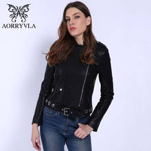 AORRYVOA 2020 New Autumn Women Pu Leather Jacket Woman Zipper Belt Short Coat Female Black Hollow Out Faux Leather Outwear Top 2024 - купить недорого