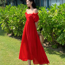 Summer 2021 Runway Off Shoulder Elegant Party Dress Long Korean Tropical Boho Beach Vacation Dress Maxi Red Chiffon Women Dress 2024 - buy cheap
