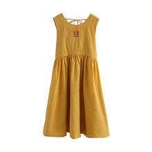 Vestido de verão feminino, novo design, bordado, sem mangas, costas, renda, comprimento até a panturrilha, gola redonda, vestido amarelo 2024 - compre barato