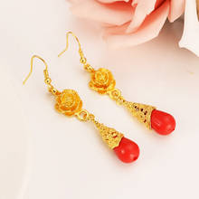 Pendientes de piedra roja con flor dorada para mujer y niña, joyería corporal con dijes de Dubai, joyería nupcial para fiesta, regalos 2024 - compra barato