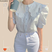 Puff Sleeve Chic Tops Korean New Design Summer Patchwork White Lace Collar Single-Breasted Button Shirts Women Top Blusas 2024 - buy cheap