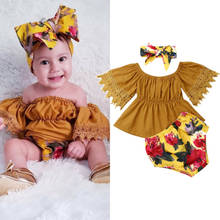 Комплект из 3 предметов; одежда для маленьких девочек кружевное желтое платье с открытыми плечами и оборками + шорты с цветочным рисунком летняя повседневная одежда 2024 - купить недорого