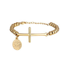 Pulseira e bracelete pingente cruz dourada, contas clássicas aço inoxidável joias para mulheres 2024 - compre barato
