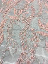 Perfect pink handmade beaded fabric super luxurious embroidery French mesh lace fabric for ladies evening dress wedding dress 2024 - buy cheap