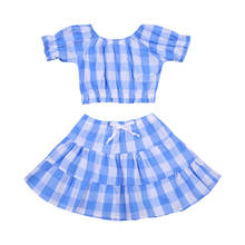 Conjunto de roupas xadrez de manga curta, duas peças, camiseta e saia, azul, de 1 a 6 anos, para meninas, verão, férias, festa de aniversário 2024 - compre barato