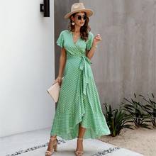 2021 Polka Dots Print Ruffles Summer Long Dress Women Belt V Neck Short Sleeve Casual Party Dress Beach Bohemian Dress Vestidos 2024 - buy cheap