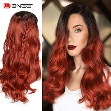 Peruca longa ondulada feminina wignee, peruca de cabelo sintético vermelho laranja, resistente ao calor, de fibra, para cosplay, uso diário 2024 - compre barato