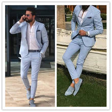 Light Sky Blue Slim Fit Mens Prom Suits Notched Lapel Groomsmen Beach Wedding Tuxedos For Men Blazers Two Pieces (Jacket+Pant) 2024 - buy cheap