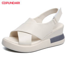 White Black Genuine Leather Wedges Sandals For Women High Heels Platform Sandals Summer Casual Shoes 2021 Sandalias Mujer 2024 - buy cheap
