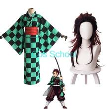 2021 Anime Demon Slayer Kamado Tanjirou Cosplay Women's Kimono Suit Kimetsu no Yaiba Female Wig Tanjirou Headgear 2024 - buy cheap