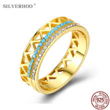 Silverhoo anel de prata esterlina 925, joias femininas anel vintage de turquesa oco com 5a + zircônio cz, presente de casamento e noivado 2024 - compre barato