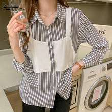 Korean Elegant Fashion Long Sleeve Shirt 2021 Autumn Women Stripe Shirts Loose Fake Two-Piece Turn-down Collar Tops Blusas 10778 2024 - buy cheap