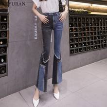 2021 Winter Denim Retro Burrs Patchwork bell-bottomed pants Women High Waist Fashion Worn Out Hole Long Flare Jeans plus size 31 2024 - buy cheap
