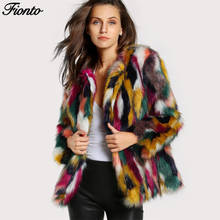 FIONTO Autumn Winter Fashion Colourful Furry Faux Fur Coat Women Fluffy Warm Outerwear Female Jacket Hairy Collarless Overcoat 2024 - buy cheap