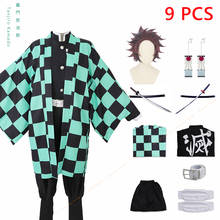 Conjunto de Kimono de Anime Demon Slayer, pendientes de Kamado, Tanjirou, Kimetsu no Yaiba, Katana, Tanjirou, peluca, capa, capa, uniforme 2024 - compra barato