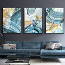Pintura abstracta moderna en lienzo, póster e impresión para sala de estar, dormitorio azul, decoración del hogar, imagen grande, arte de pared, pintura dorada 2024 - compra barato