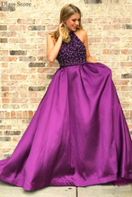 Женское атласное платье с бусинами, фиолетовое вечернее платье до пола с лямкой на шее, а-силуэт, без рукавов, платье для выпускного вечера 2024 - купить недорого