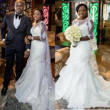 Nigerian Mermaid Wedding Dresses Jewel Neck Half Sleeves Lace Appliques Beaded Ruched Organza Sweep Train Bridal Gowns 2023 2024 - buy cheap