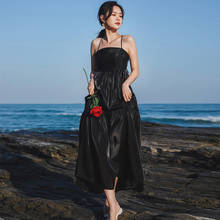 Vestido largo de fiesta de verano para mujer, prenda elegante y sexy, con tirantes y espalda descubierta, color negro, para vacaciones en la playa 2024 - compra barato