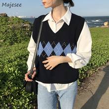 Sweater Vest Womens Harajuku Leisure Argyle V-Neck College Style Ulzzang Sleeveless Knitting Soft All-match Friends Casual Tops 2024 - buy cheap
