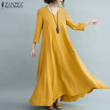 Women's Autumn Cotton Maxi Dress ZANZEA Vintage V Neck Vestidos Casual Loose Robe Femme Female Solid Sundress  S- 2024 - buy cheap