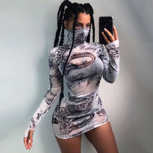 2021 new women's round neck long sleeve printing see-through mesh sexy slim dress 2024 - buy cheap