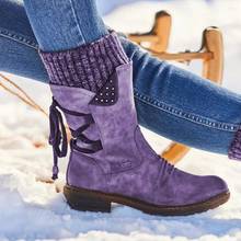 Botas de nieve cálidas para mujer, zapatos de tacón plano Vintage con cordones, tejido de retales con cremallera y, para Otoño e Invierno 2024 - compra barato