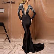 JaneVini Sexy Deep V Neck African Evening Dresses with Long Sleeves Luxury Heavy Beading Backless Women Formal Satin Dinner Gown 2024 - buy cheap