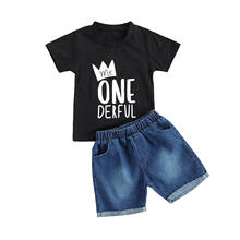 2Pcs Fashionable Little Boys Outfit, Toddlers Creative Crown Letter Printing Round Collar Short Sleeve Top + Denim Shorts Set 2024 - buy cheap