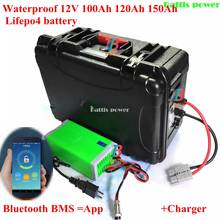 Lifepo4-batería BMS impermeable de 12V, 100Ah, 120Ah, 130Ah, 150Ah, con bluetooth, para sistema solar de 1200w, motor, barco, RV + cargador de 10A 2024 - compra barato