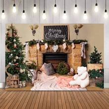 Fondo de fotografía de Feliz Navidad, chimenea de ladrillo, árbol de Navidad, fotomatón, estudio, oso de peluche, Photocall, estudio 2024 - compra barato