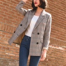 Blazer vintage feminino, casaco estilo xadrez com bolsos, sobretudo 2024 - compre barato
