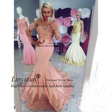 Peach Mermaid Long Sleeve Bead Lace Prom Dresses  Women Party Carpet Dress Celebrity Formal Long Evening Gowns Custom Made 2024 - buy cheap