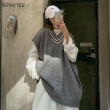 Camisola feminina estilo coreano, roupa escolar folgada com decote v, de malha 2024 - compre barato