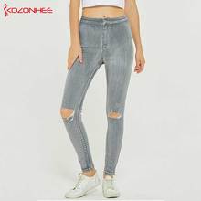 Simple Skinny boyfriend jeans for women Knee Holes High Waist Skinny Pencil Pants Gray Trousers ripped jeans for women 2024 - buy cheap