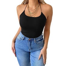 Body de tirantes con cuello Halter para mujer, blusa de cintura alta de Color sólido, sin mangas, ajustado, con cordón 2024 - compra barato