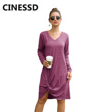 CINESSD V Neck Long Sleeves Women Casual Dress Solid Blue Knotted Ruched Loose Pullover Cocktail Party Soft Stretch Midi Dress 2024 - buy cheap