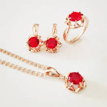 Conjuntos de joyas de boda para mujer, conjunto de joyería de circonita cúbica de piedra roja a la moda, collar/pendiente/anillo, conjuntos de joyería para mujer 2021 2024 - compra barato