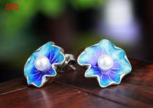 S925 sterling silver burnt blue cloisonne lotus leaf pearl earrings 2024 - buy cheap