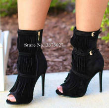 Fashion Peep Toe Tassel Women Ankle Boots Sexy Black Suede Buckle Decor Fringe Stiletto Heel Short Boots Lady Banquet Shoes 2024 - buy cheap