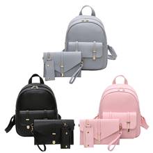 3pcs/Set Women PU Leather Backpack Female Solid Color School Bags Teenage Girls Multi-Pockets Book Bag Female Daily Travel Bags 2024 - buy cheap