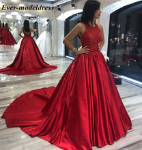 Красные платья для выпускного вечера, длинные кружевные аппликации из бисера, а-силуэт, Холтер шеи, атласное вечернее платье, Формальные вечерние платья, Vestidos De Festa 2024 - купить недорого