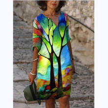 Vestido reto abstrato de primavera, estampa de árvore, para mulheres, casual, gola em v, manga quarta, vestidos de festa, moda, venda imperdível 2024 - compre barato